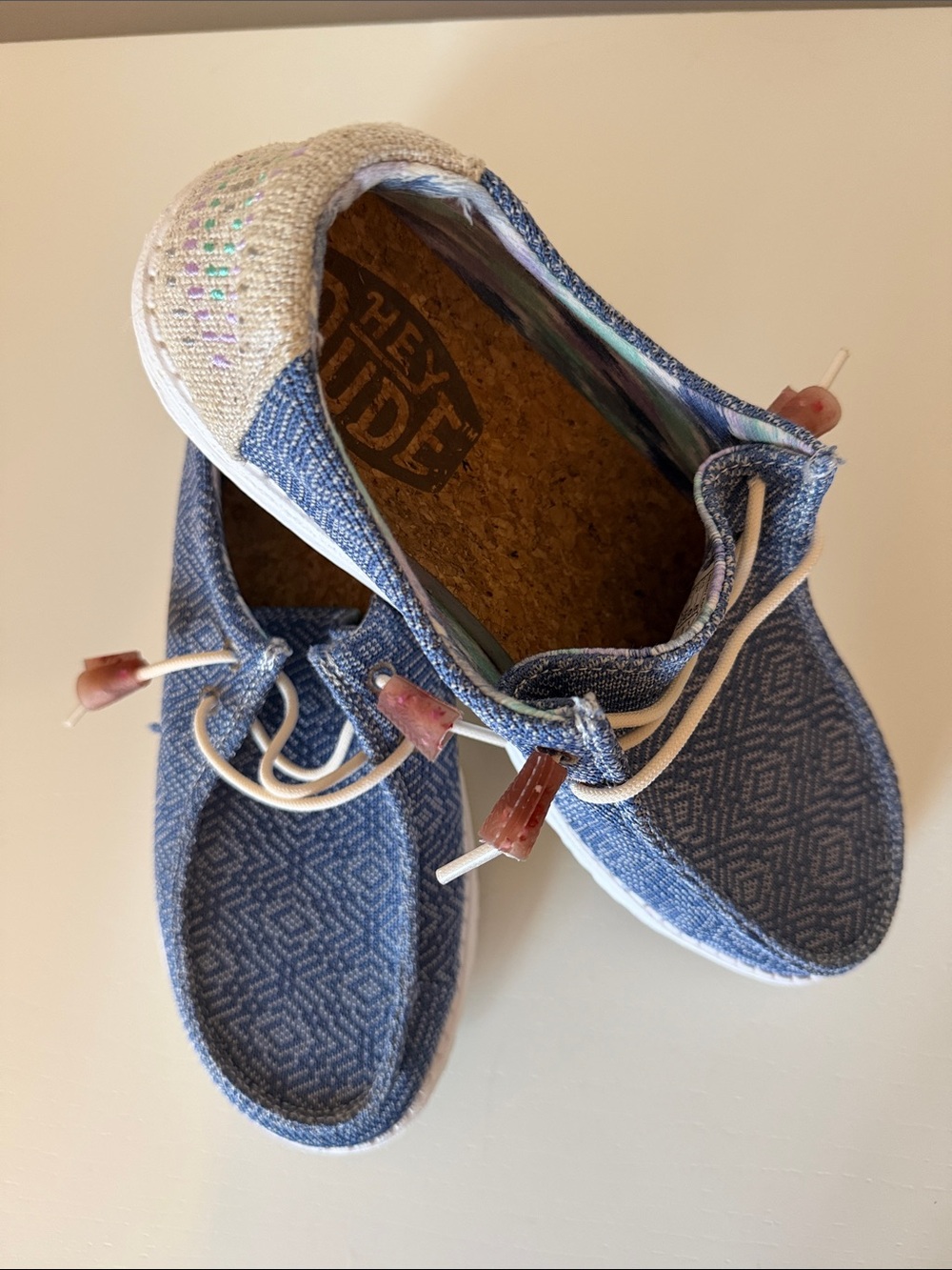Hey Dude womens Blue Patterned Slip-Ons with Cream Accents